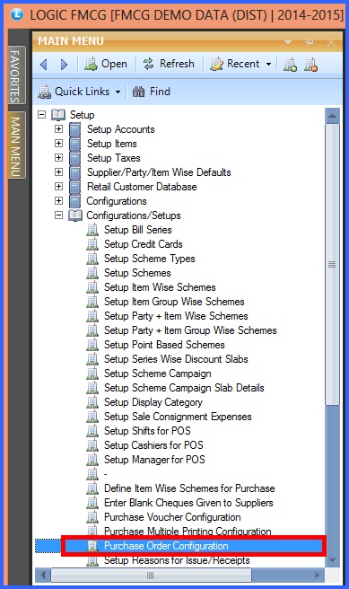 fmcg purchase order configuration menu